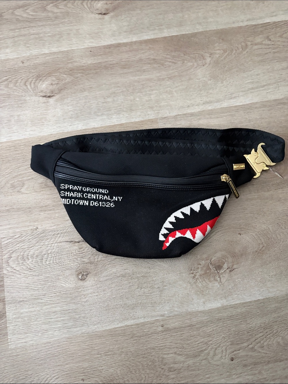 Sprayground Black Shark Mouth Belt Bag with Gold Buckle